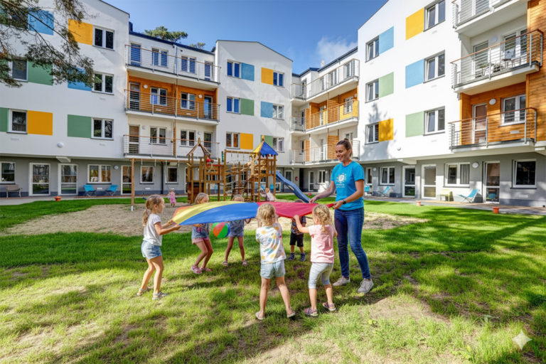 Dzieci bawią się na placu zabaw. Animacje dla dzieci nad morzem